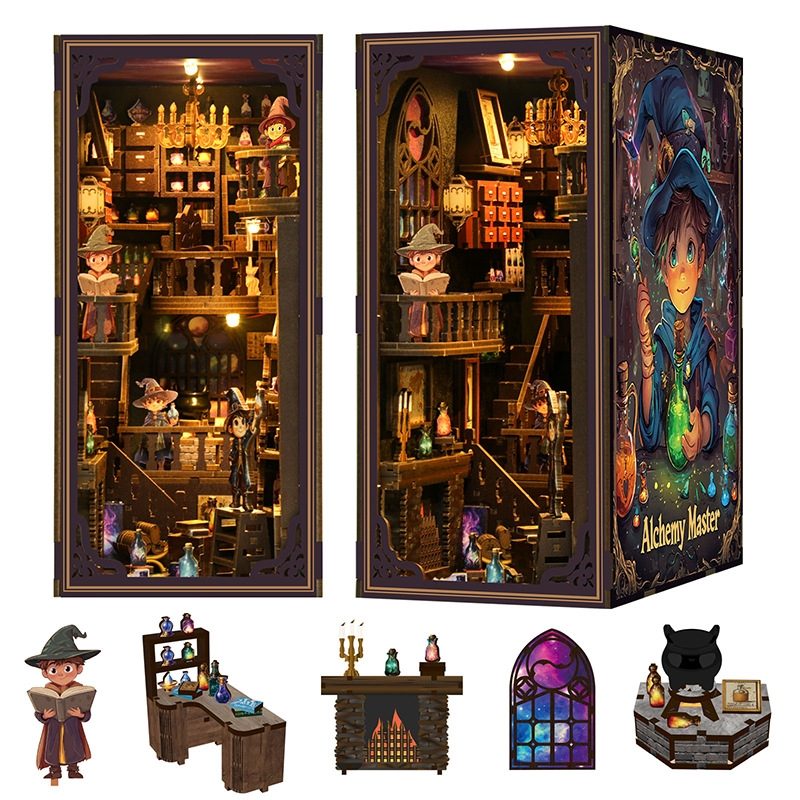 image displaying the front side and 45 degree views of Master Alchemist Book Nook, and miniature furniture