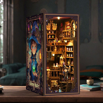 image displaying the Master Alchemist Book Nook with warm light on table as a cozy home decor