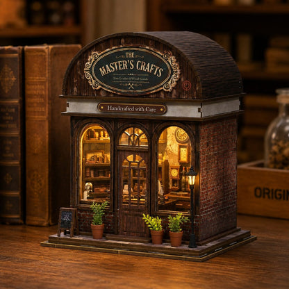 A miniature decorative shop model labeled "The Master's Crafts" sits on a wooden surface with books and a glass jar blurred in the background. The shop has a dark brown arched roof, warm yellow glowing windows, and small potted plants at the base.