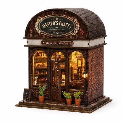 A miniature wooden model of 'The Master's Crafts' shop, featuring detailed brick and wood textures, warm glowing windows, potted plants, and a small chalkboard sign on a white background.