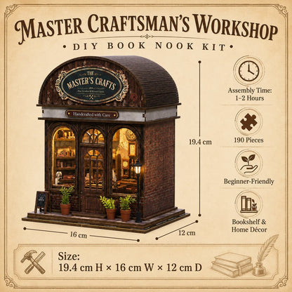 A vintage-style product listing graphic for a DIY book nook kit titled 'Master Craftsman's Workshop.' The central subject is a small decorative workshop model with a dark arched roof, warm lit windows, and front signage reading 'The Master's Crafts.