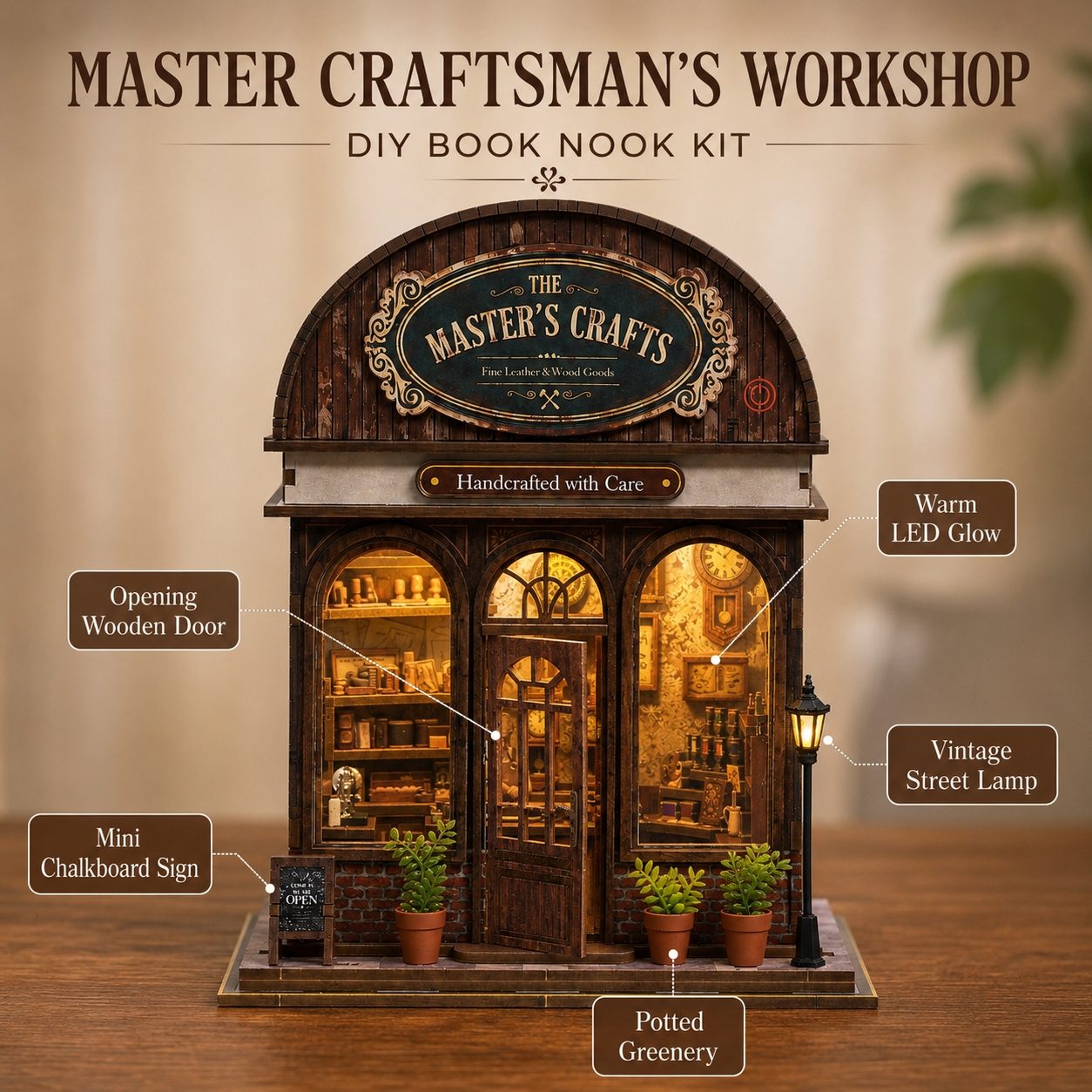 A miniature DIY book nook kit shaped like a vintage bookshop storefront, shown on a tabletop with callout labels pointing to features such as the opening wooden door, chalkboard sign, potted greenery, warm LED glow, and street lamp. The shop front reads “The Master’s Crafts” and “Master Craftsman’s Workshop DIY Book Nook Kit.