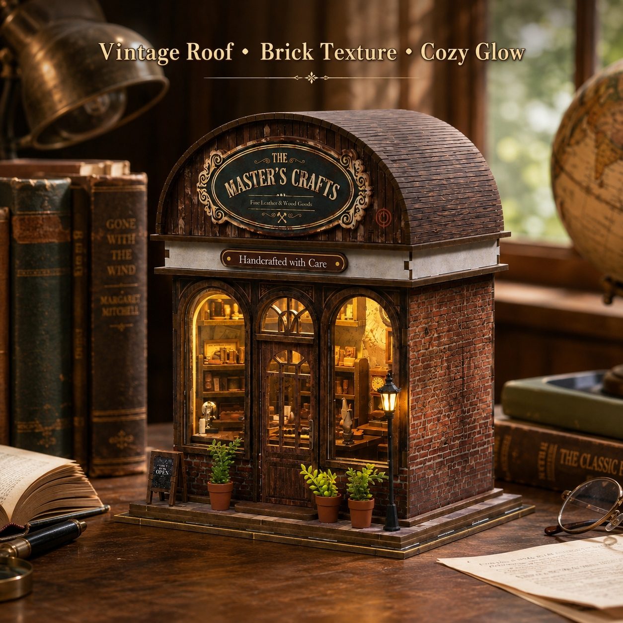 A miniature shop model labeled "The Master's Crafts" sits on a wooden desk surrounded by vintage books, with warm glowing windows and a textured roof. Text at the top reads "Vintage Roof • Brick Texture • Cozy Glow.