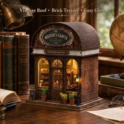 A miniature shop model labeled "The Master's Crafts" sits on a wooden desk surrounded by vintage books, with warm glowing windows and a textured roof. Text at the top reads "Vintage Roof • Brick Texture • Cozy Glow.