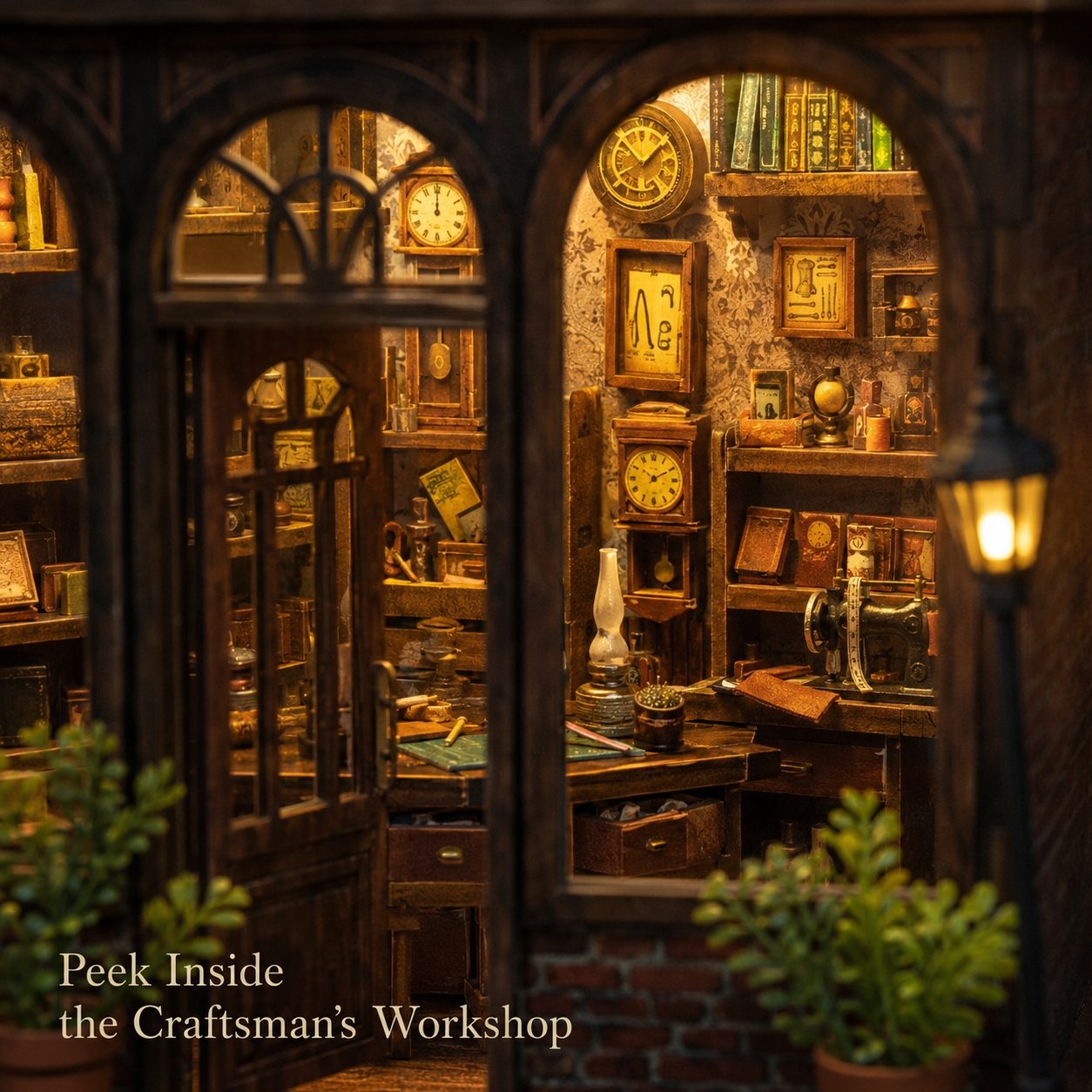 A cozy, detailed miniature-style craftsman's workshop interior viewed through dark arched wooden doors. The room is warmly lit with glowing lamps and filled with shelves of books, clocks, tools, framed items, and small decorative objects.