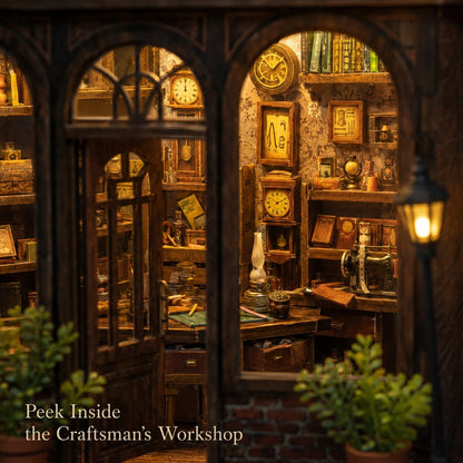 A cozy, detailed miniature-style craftsman's workshop interior viewed through dark arched wooden doors. The room is warmly lit with glowing lamps and filled with shelves of books, clocks, tools, framed items, and small decorative objects.
