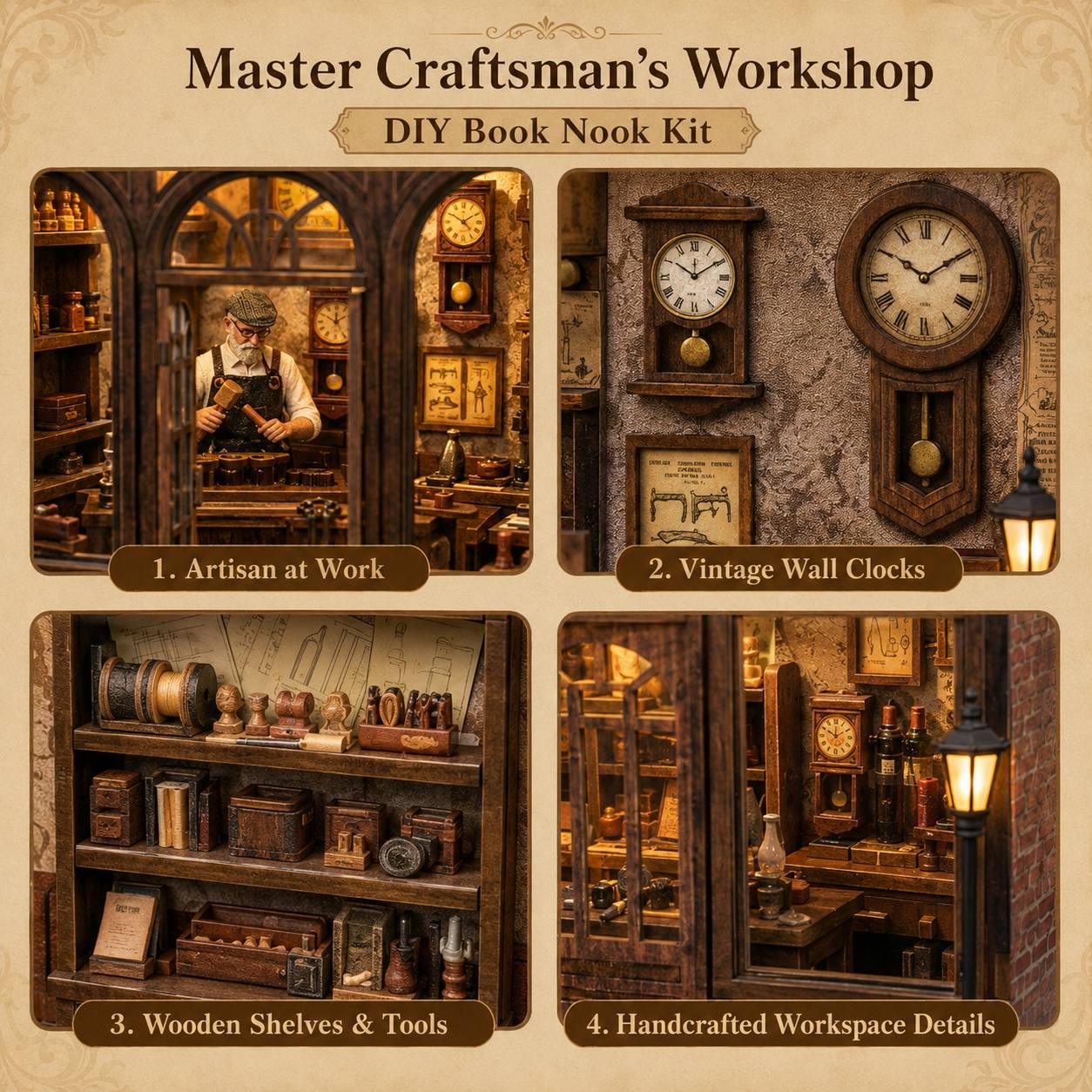 A vintage-style DIY book nook kit themed around a craftsman's workshop, featuring a four-panel collage with labels: '1. Artisan at Work,' '2.