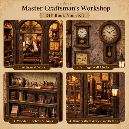 A vintage-style DIY book nook kit themed around a craftsman's workshop, featuring a four-panel collage with labels: '1. Artisan at Work,' '2.