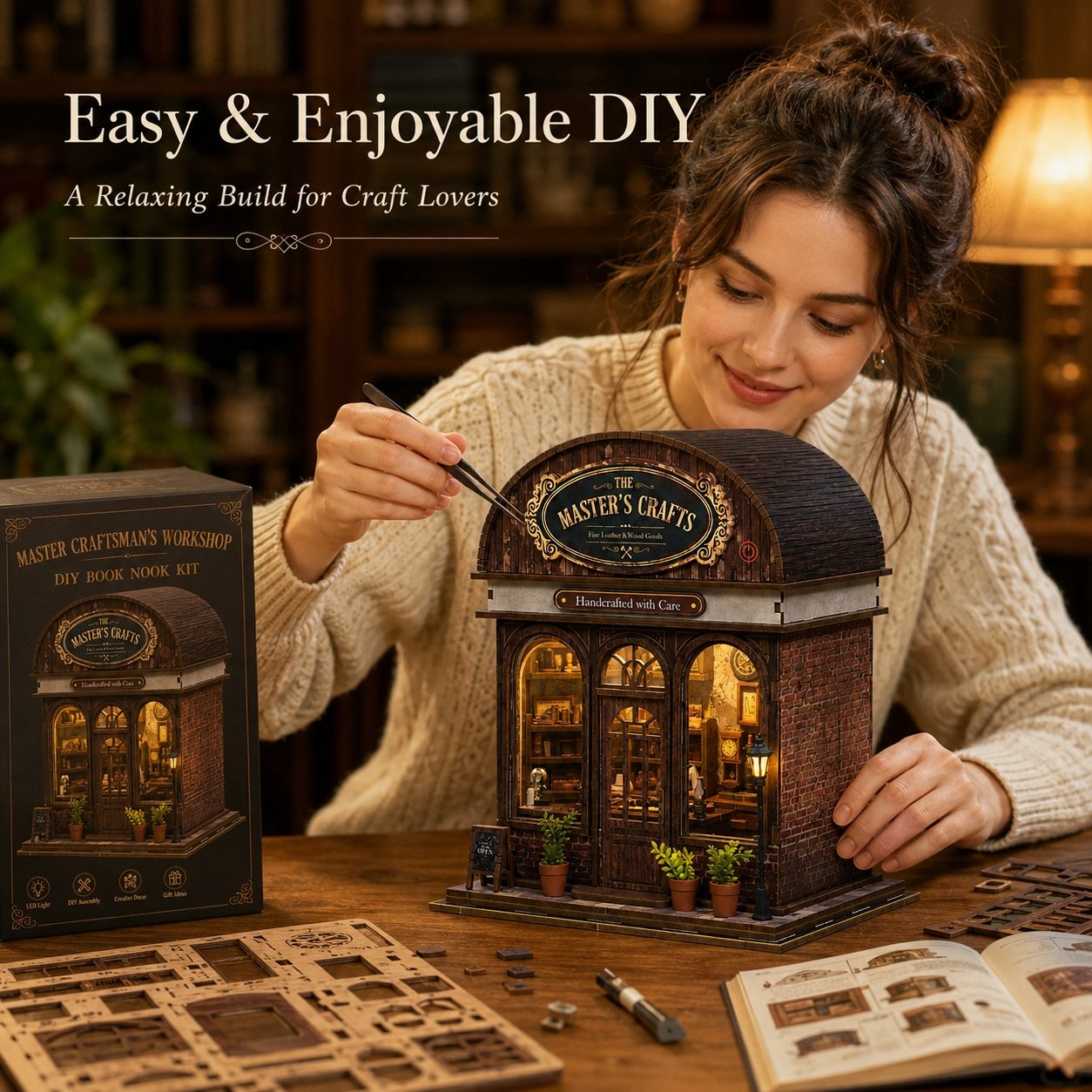 A woman sits at a wooden table building a miniature DIY book nook kit. The scene shows the assembled dark brown brick shop model with warm interior lights, the product box on the left, wooden cut pieces, a pen, and an open book on the table.