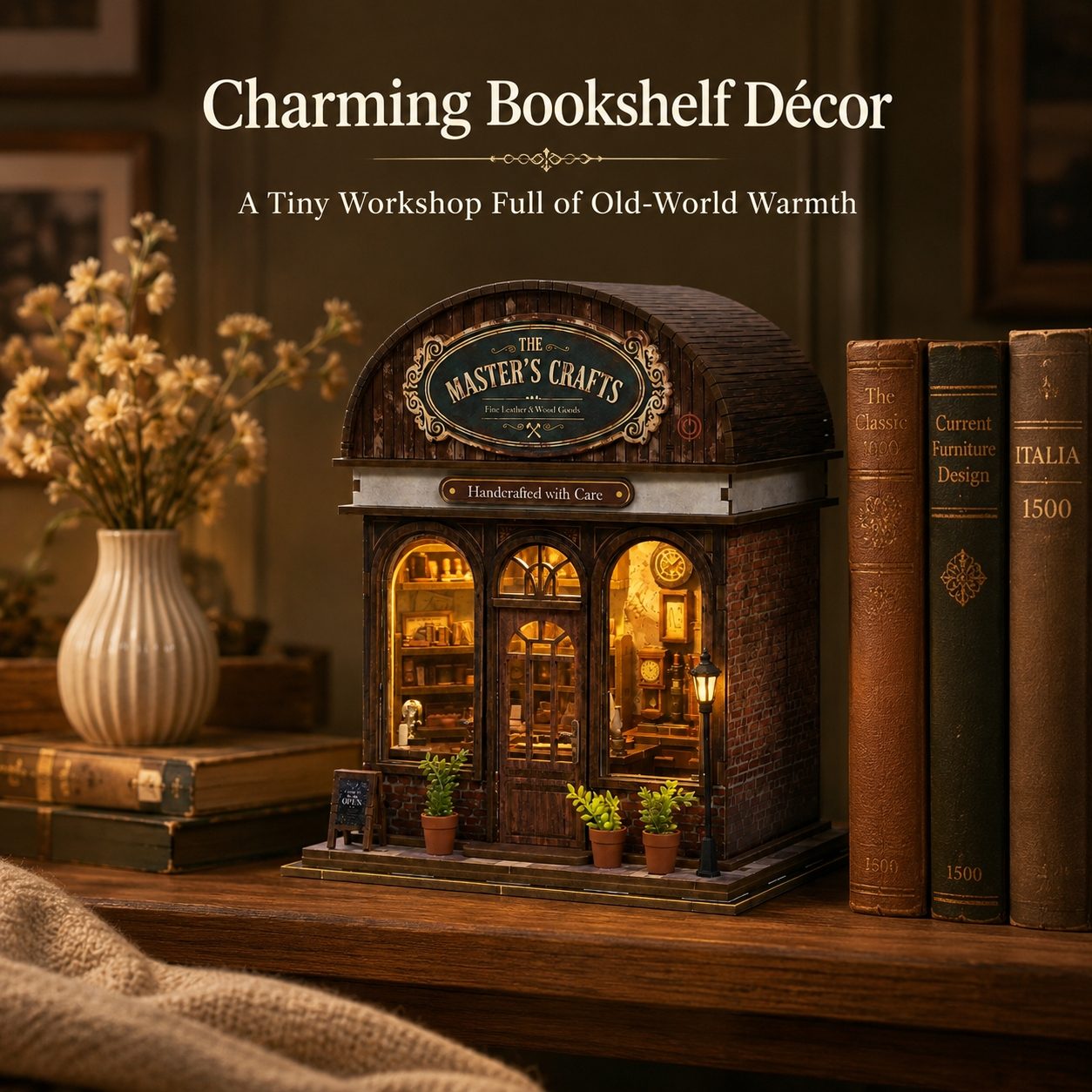 A miniature bookshelf decor piece shaped like a vintage bookshop storefront sits on a wooden shelf beside real-looking books, with a vase of dried flowers in the background. The shop has warm glowing windows, small potted plants, and a sign reading 'The Master's Crafts.