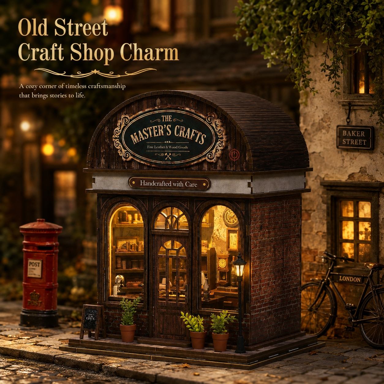 A miniature dollhouse-style craft shop set on a cobblestone street, featuring a dark wood facade, glowing warm interior windows, decorative signage reading 'The Master's Crafts,' a red post box, potted plants, and a bicycle beside a stone building. Text at the top reads 'Old Street Craft Shop Charm.