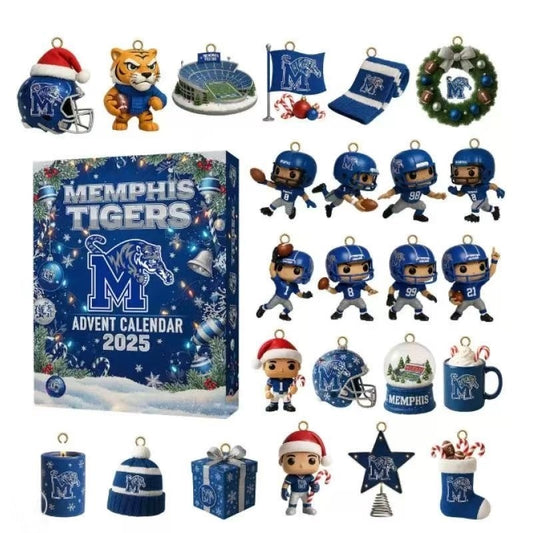 Memphis Tigers Advent Calendar 2025 with various themed ornaments on a white background