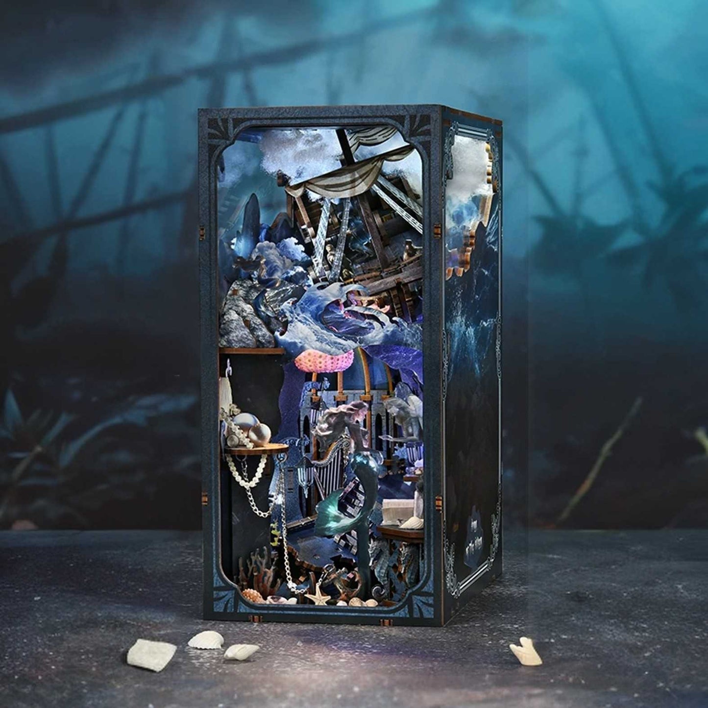 Mermaid-themed Book Nook with intricate designs and lighting effects in a undersea setting