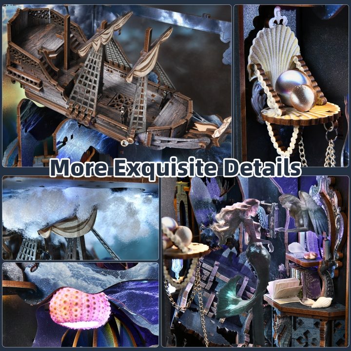 Collage of intricate wooden miniature scenes and decorative items in a Mermaid-themed Book Nook