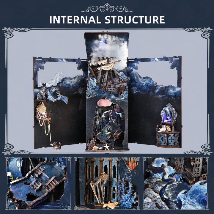 spread-out Mermaid-themed Book Nook with Detailed model of a ship and various components and structures