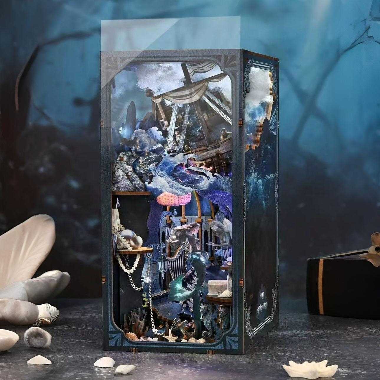 Wooden Book Nook with mermaid and ship design with dust cover in a ocean setting
