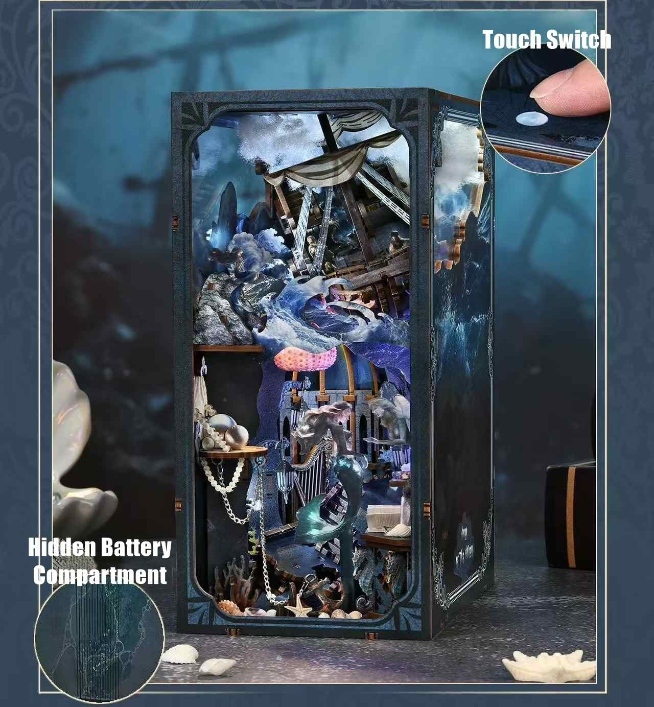 mermaid-inspired wooden book nook with intricate miniature design, hidden battery compartment, and touch switch feature.