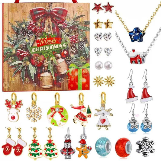Christmas-themed jewelry set with advent calendar, earrings, and necklaces