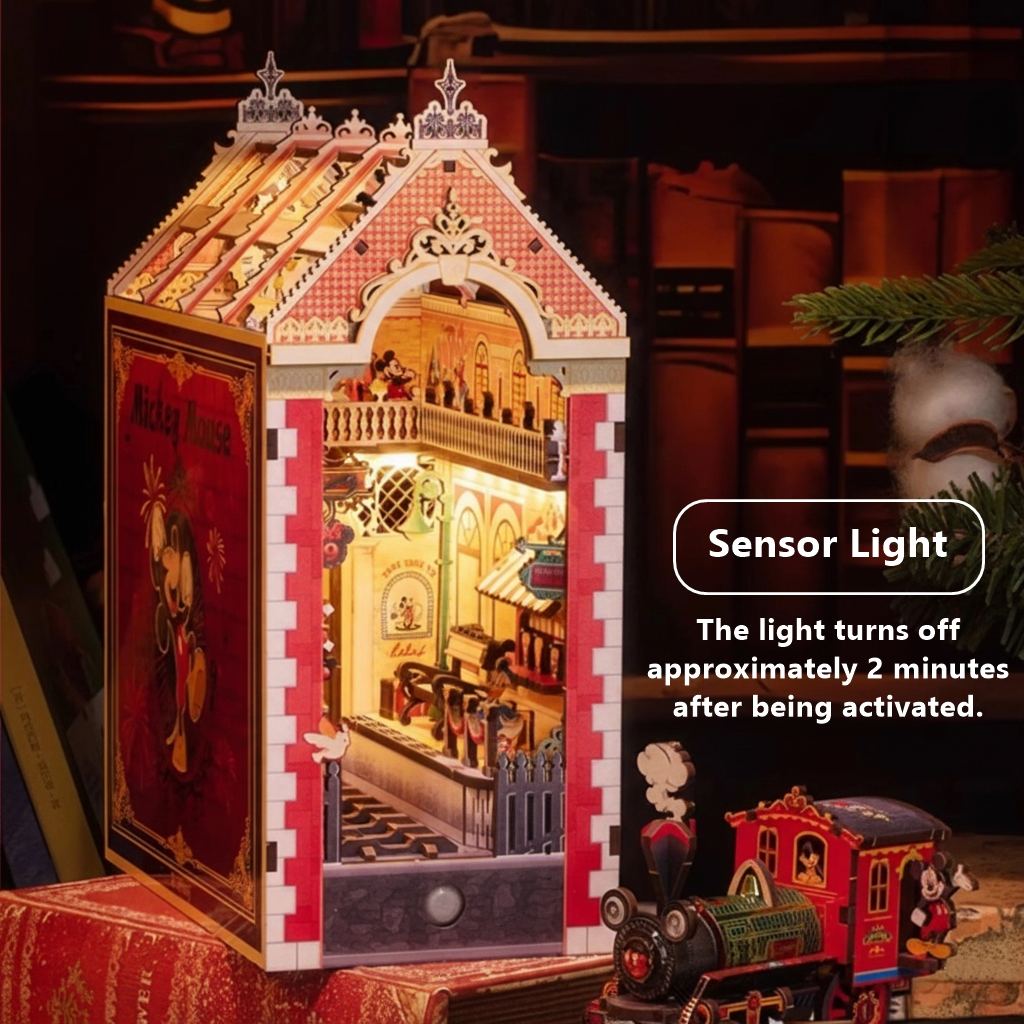 Decorative miniature Book Nook Featuring Minnie Mouse, Mickey Mouse, Daisy Duck, and a whimsical train station scene