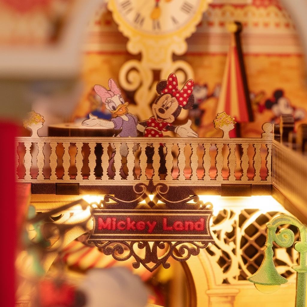 miniature scene with cartoon Minnie characters on a balcony labeled 'Mickey Land'.
