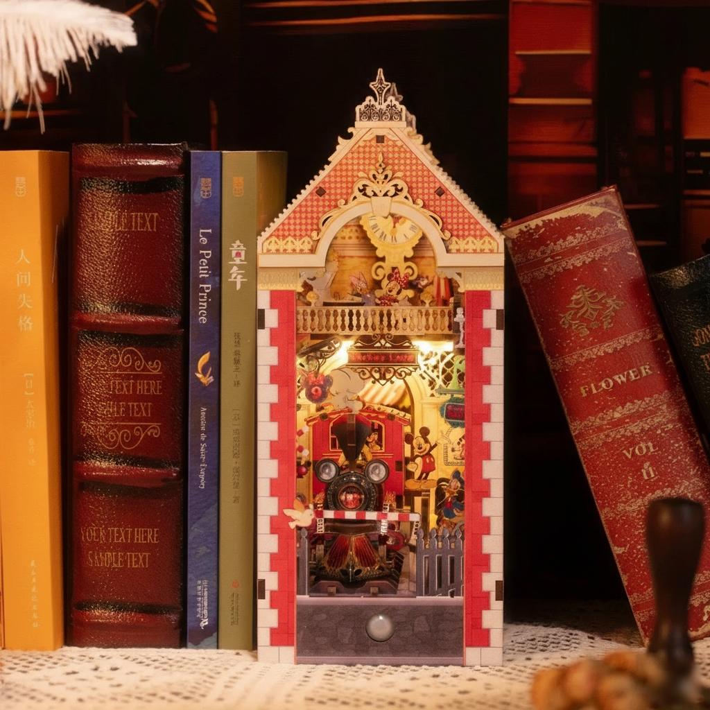 Decorative bookend shaped like a miniature house with a clock on a shelf with books.