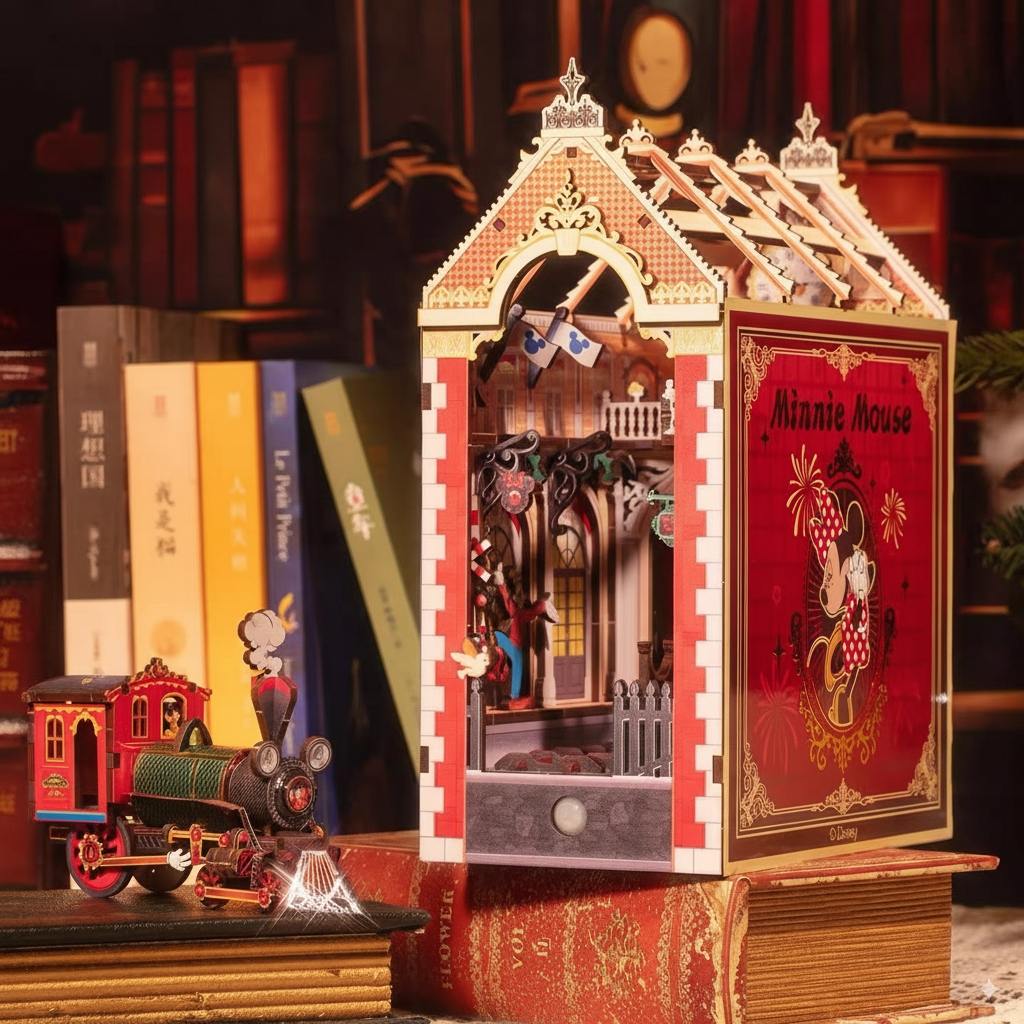 Miniature model of a Mickey house with decorative elements on a bookshelf.