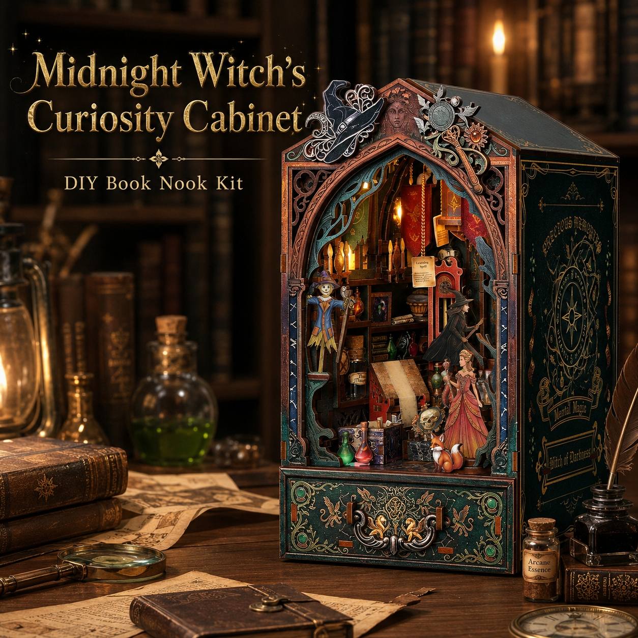 A Midnight Witch's Curiosity Cabinet DIY book nook kit displayed on a wooden table surrounded by themed props like old books, ink bottles, a magnifying glass, and parchment. The cabinet features intricate gothic carvings, miniature figurines, and warm candlelit interior details.