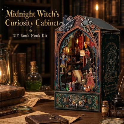 A Midnight Witch's Curiosity Cabinet DIY book nook kit displayed on a wooden table surrounded by themed props like old books, ink bottles, a magnifying glass, and parchment. The cabinet features intricate gothic carvings, miniature figurines, and warm candlelit interior details.