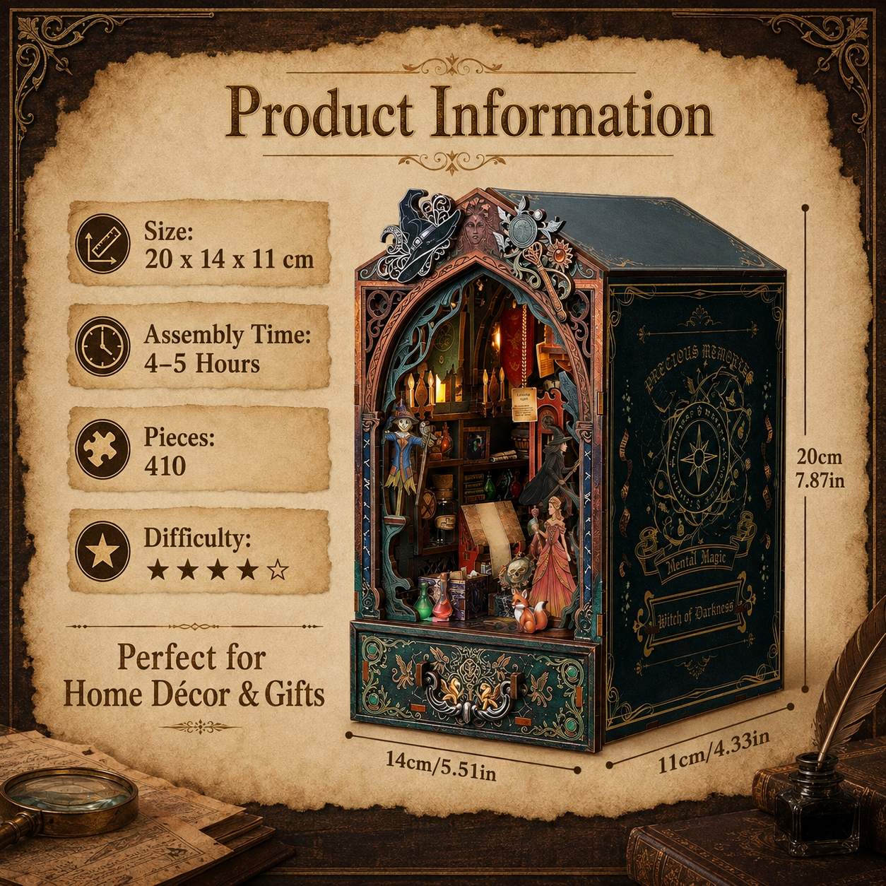A wooden miniature book nook cabinet with ornate carvings, shown on a parchment-style product information graphic. The box is dark blue and teal with intricate gold, red, and brown detailing, and the interior contains small figurines and candles.