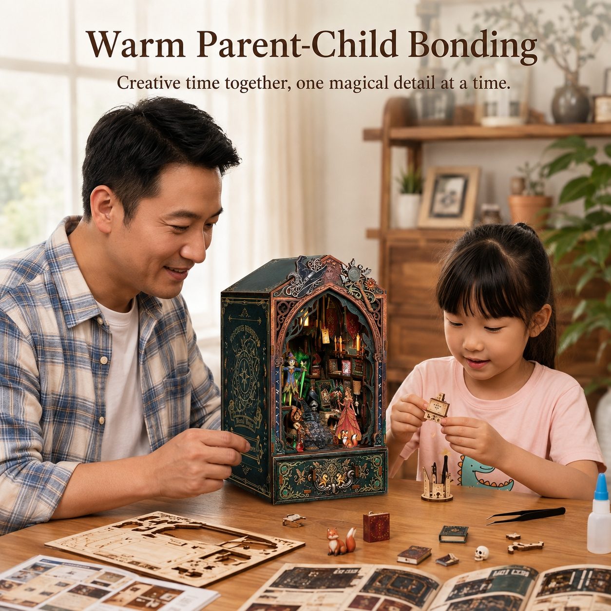 A father and daughter are gathered around a wooden book nook on a table, with the father assembling the book nook box and the daughter holding a small wooden piece.