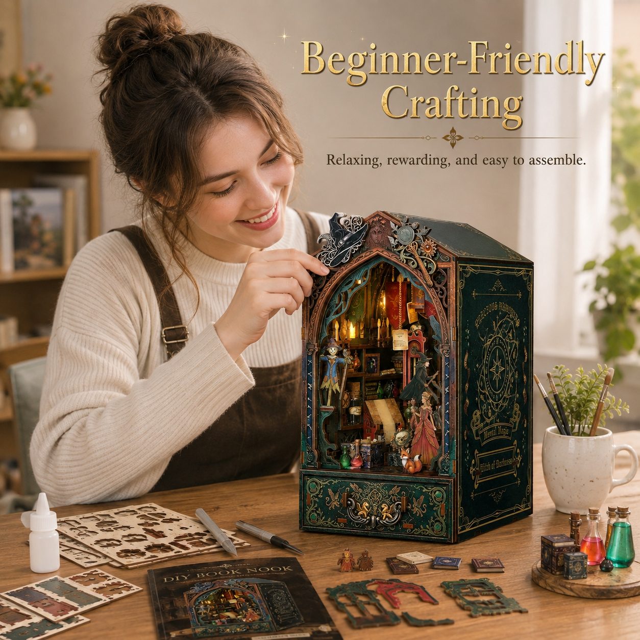 A woman smiling at a wooden table while assembling a decorative miniature book nook box. The box has an ornate dark green and gold design with a lit interior showing tiny figurines and candles.