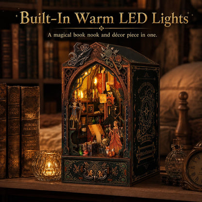 A gothic-style book nook box with warm built-in LED lights, displayed on a wooden shelf among old books and candles in a cozy library setting.