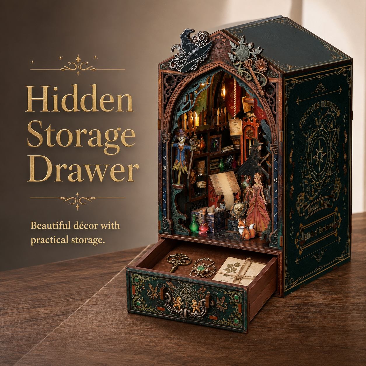 A hidden storage drawer styled like an antique book book box, shown open on a wooden surface. The box has ornate dark green and brown detailing, gold lettering, and a lit interior with miniature figurines, bottles, and shelves.