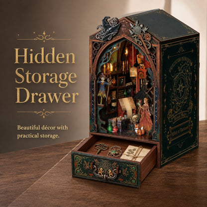A hidden storage drawer styled like an antique book book box, shown open on a wooden surface. The box has ornate dark green and brown detailing, gold lettering, and a lit interior with miniature figurines, bottles, and shelves.
