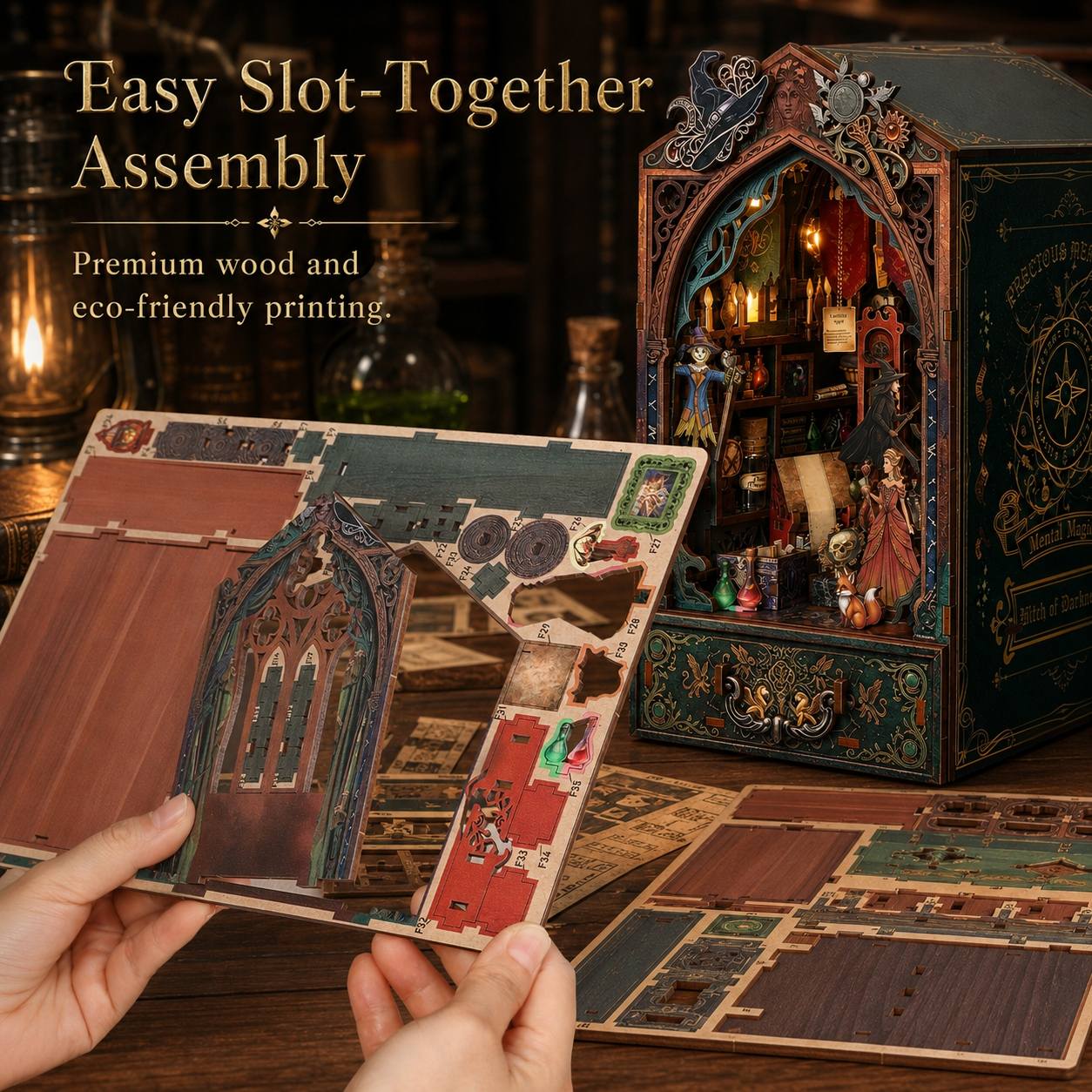 A person holds an assembled wooden gothic arch puzzle piece in their hands, with a fully built ornate wooden box and scattered puzzle pieces on a wooden table. Text on the image reads 'Easy Slot-Together Assembly' and 'Premium wood and eco-friendly printing.