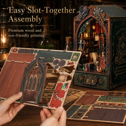 A person holds an assembled wooden gothic arch puzzle piece in their hands, with a fully built ornate wooden box and scattered puzzle pieces on a wooden table. Text on the image reads 'Easy Slot-Together Assembly' and 'Premium wood and eco-friendly printing.