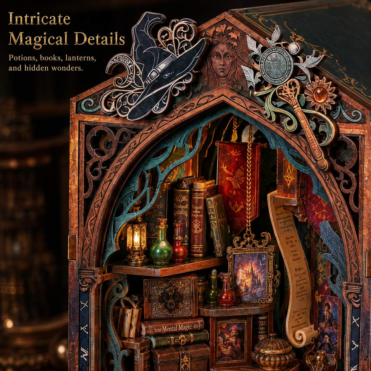 A highly detailed, gothic-style book nook cabinet filled with miniature books, lanterns, vials, scrolls, and ornate accessories. The scene is richly decorated with fantasy motifs, including a large black witch hat, a silver key, and a blue bird, with warm amber lighting throughout.