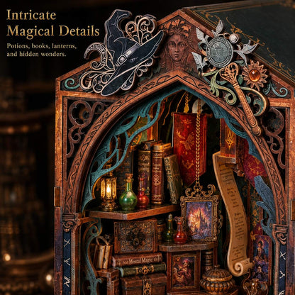 A highly detailed, gothic-style book nook cabinet filled with miniature books, lanterns, vials, scrolls, and ornate accessories. The scene is richly decorated with fantasy motifs, including a large black witch hat, a silver key, and a blue bird, with warm amber lighting throughout.
