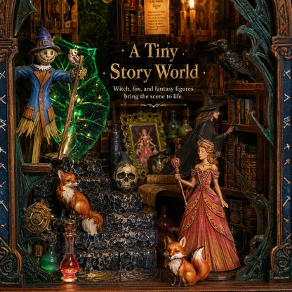 A fantasy book nook box with miniature scene featuring a witch figure in a pink gown, a fox figurine, a scarecrow with a glowing green shield, a raven, books, bottles, and a skull, with the text 'A Tiny Story World' on the front.