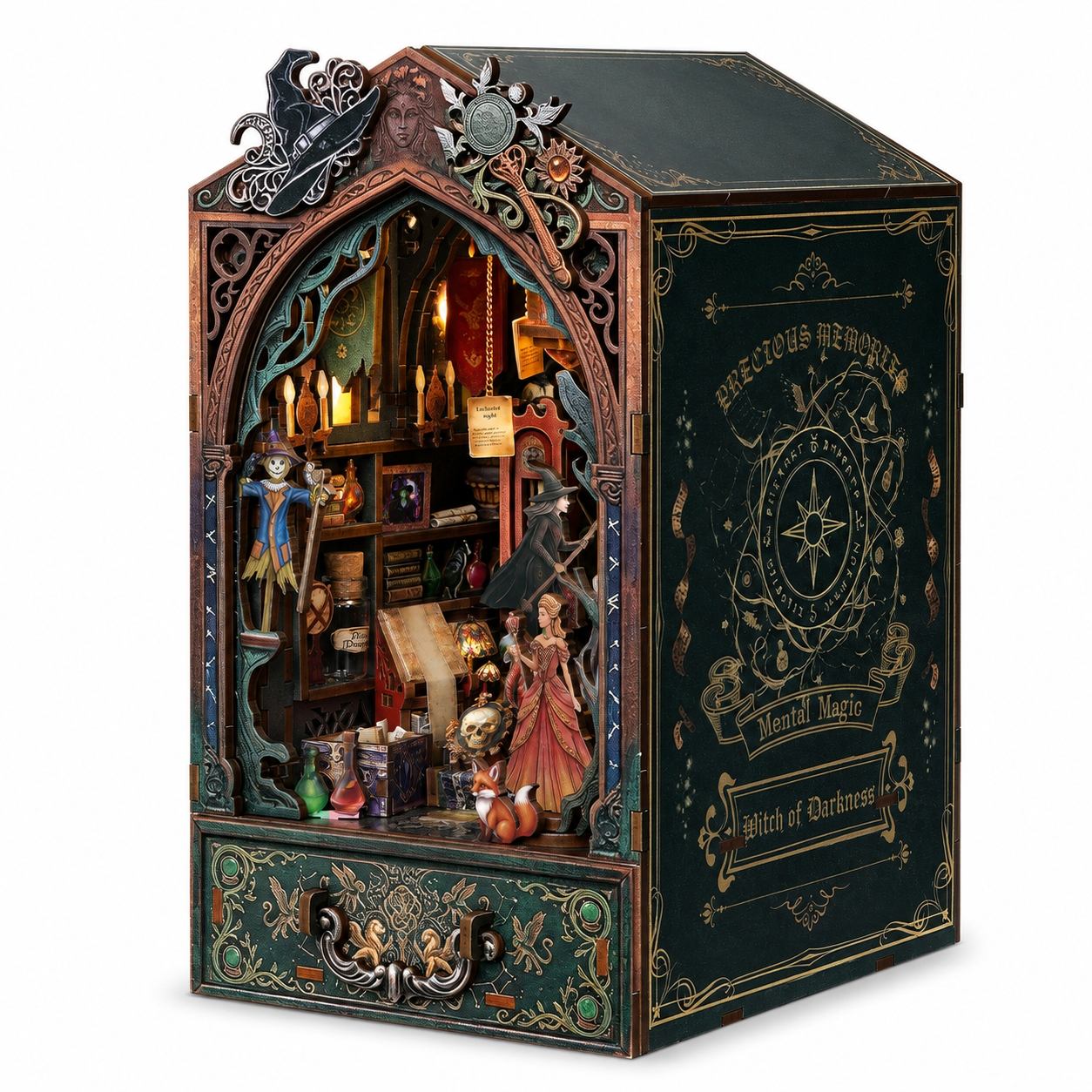 A gothic-style wooden book nook with ornate carvings, labeled 'Hecate Regnum Witch of Darkness Month of Shadows,' shown open to reveal a detailed interior scene with candles, books, figurines, and magical props