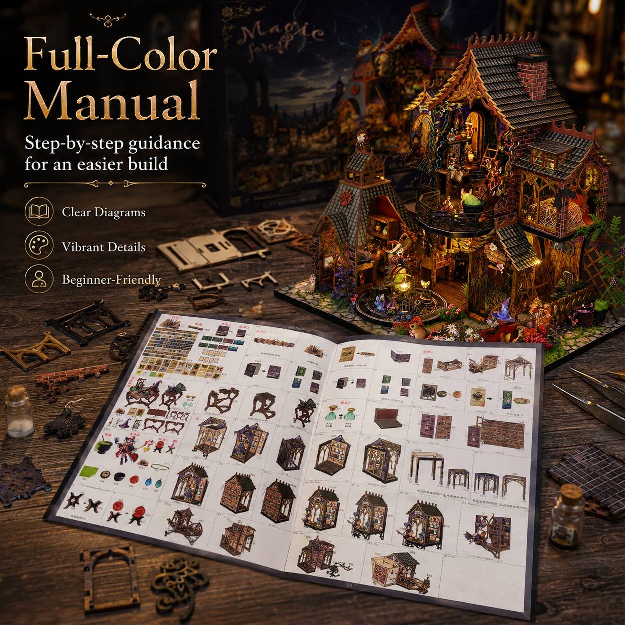 A fully assembled decorative fantasy house diorama sits on a wooden table beside an open instruction booklet showing step-by-step assembly diagrams. The scene includes scattered puzzle pieces, small bottles, and a dark themed background with the text 'Full-Color Manual' and marketing copy about clear diagrams, vibrant details, and beginner-friendly guidance.