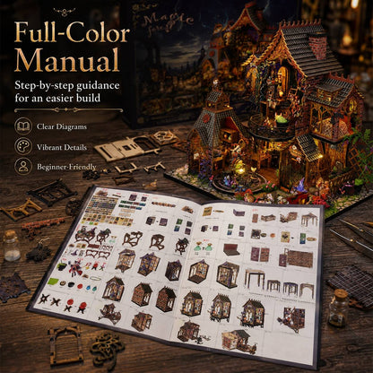 A fully assembled decorative fantasy house diorama sits on a wooden table beside an open instruction booklet showing step-by-step assembly diagrams. The scene includes scattered puzzle pieces, small bottles, and a dark themed background with the text 'Full-Color Manual' and marketing copy about clear diagrams, vibrant details, and beginner-friendly guidance.