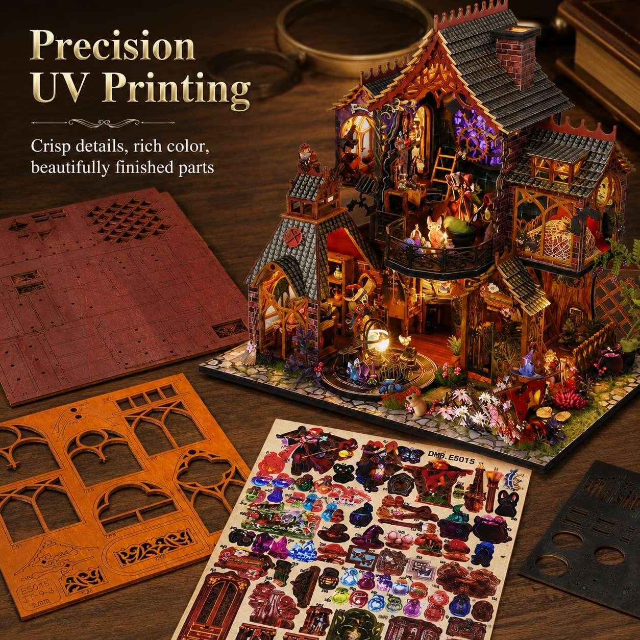 A miniature fantasy house model displayed on a wooden surface with printed templates and a sheet of colorful small parts. Text on the image reads 'Precision UV Printing' and 'Crisp details, rich color, beautifully finished parts.