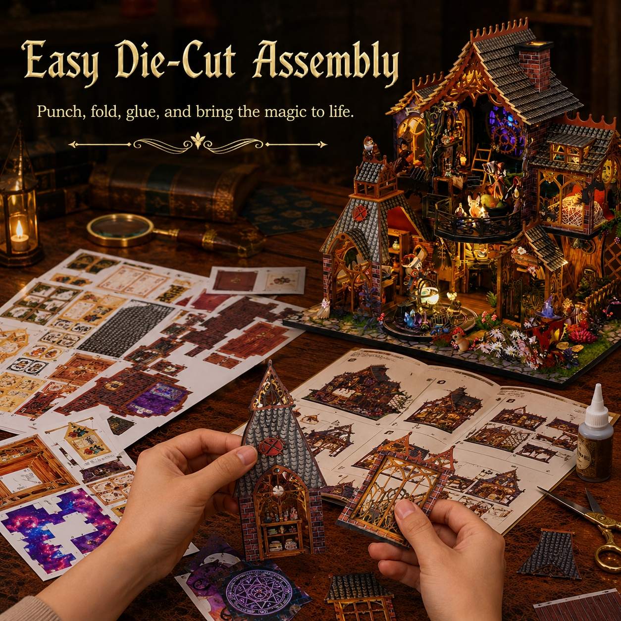 A hands-on assembly scene for a detailed fantasy castle building kit. The image shows a person holding a small die-cut piece over an open instruction booklet, with scattered printed pieces and a fully assembled glowing castle structure on a wooden table.