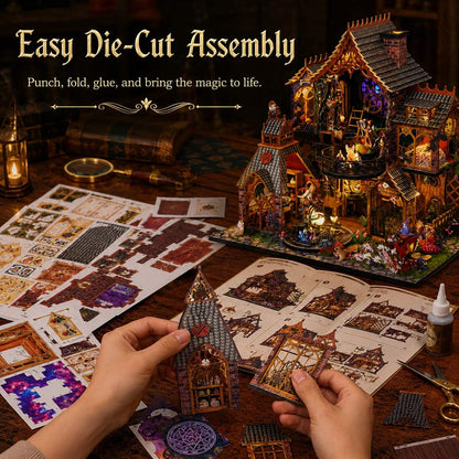 A hands-on assembly scene for a detailed fantasy castle building kit. The image shows a person holding a small die-cut piece over an open instruction booklet, with scattered printed pieces and a fully assembled glowing castle structure on a wooden table.