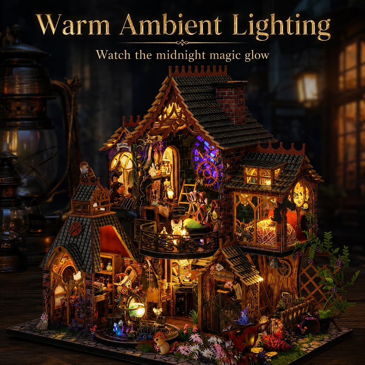 A miniature fantasy house night light with warm glowing interior lights, decorative figures, plants, and fairy garden details, shown in a dark cozy setting with promotional text reading 'Warm Ambient Lighting' and 'Watch the midnight magic glow'.