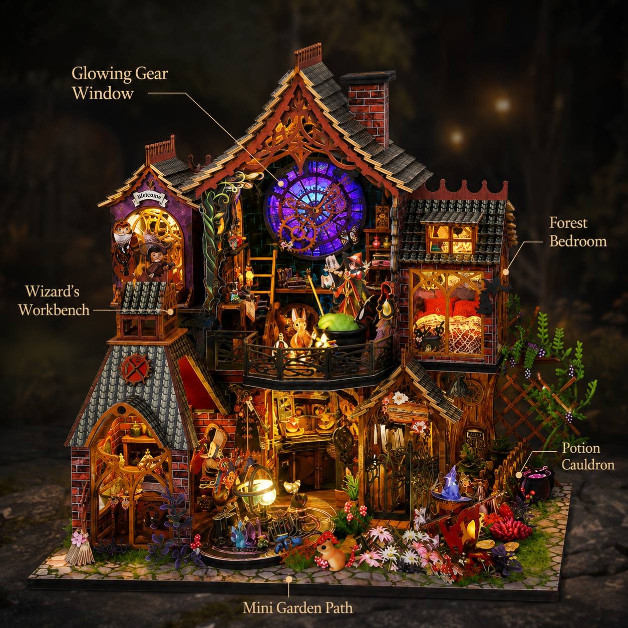 A highly detailed, multi-level fantasy miniature house kit with various themed accessories, shown with text callouts pointing out features like the 'Glowing Gear Window', 'Wizards Workbench', 'Forest Bedroom', and 'Potion Cauldron'. The product is displayed on a dark, forest-like background.