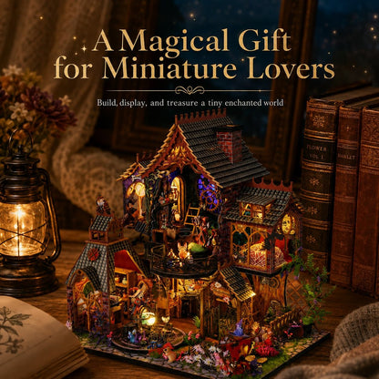 A beautifully lit miniature fairy house set displayed on a wooden surface, surrounded by a glowing lantern, old books, and cozy knitted fabric. Text at the top reads 'A Magical Gift for Miniature Lovers'.