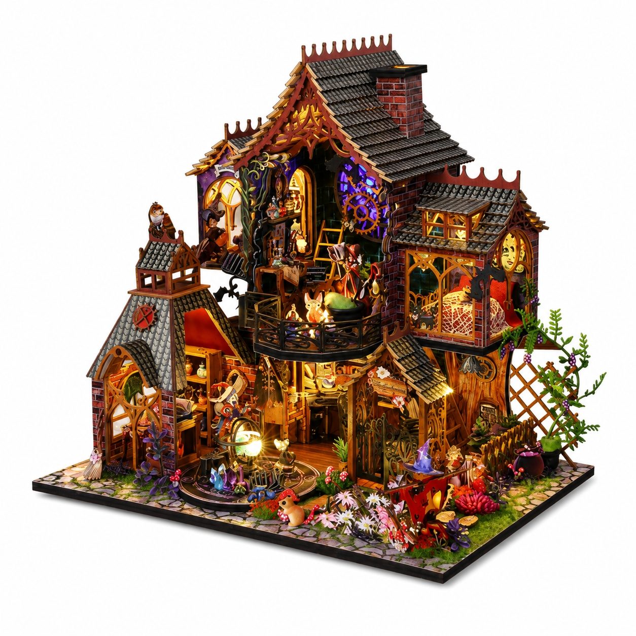 A highly detailed, multi-level fantasy dollhouse featuring a whimsical cottage with glowing warm lights, miniature figurines, a garden, and decorative elements, set against a plain white background.