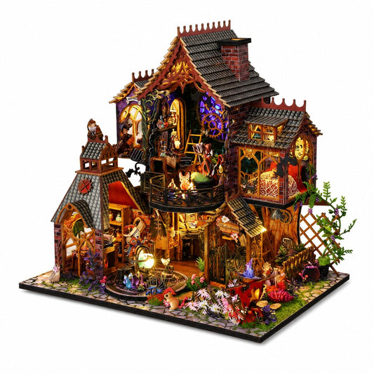 A highly detailed, multi-level fantasy dollhouse featuring a whimsical cottage with glowing warm lights, miniature figurines, a garden, and decorative elements, set against a plain white background.